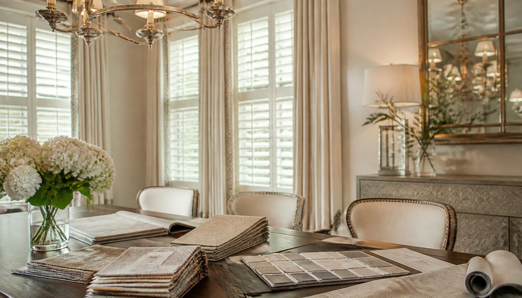 Elegant dining room with plantation shutters and fabric samples